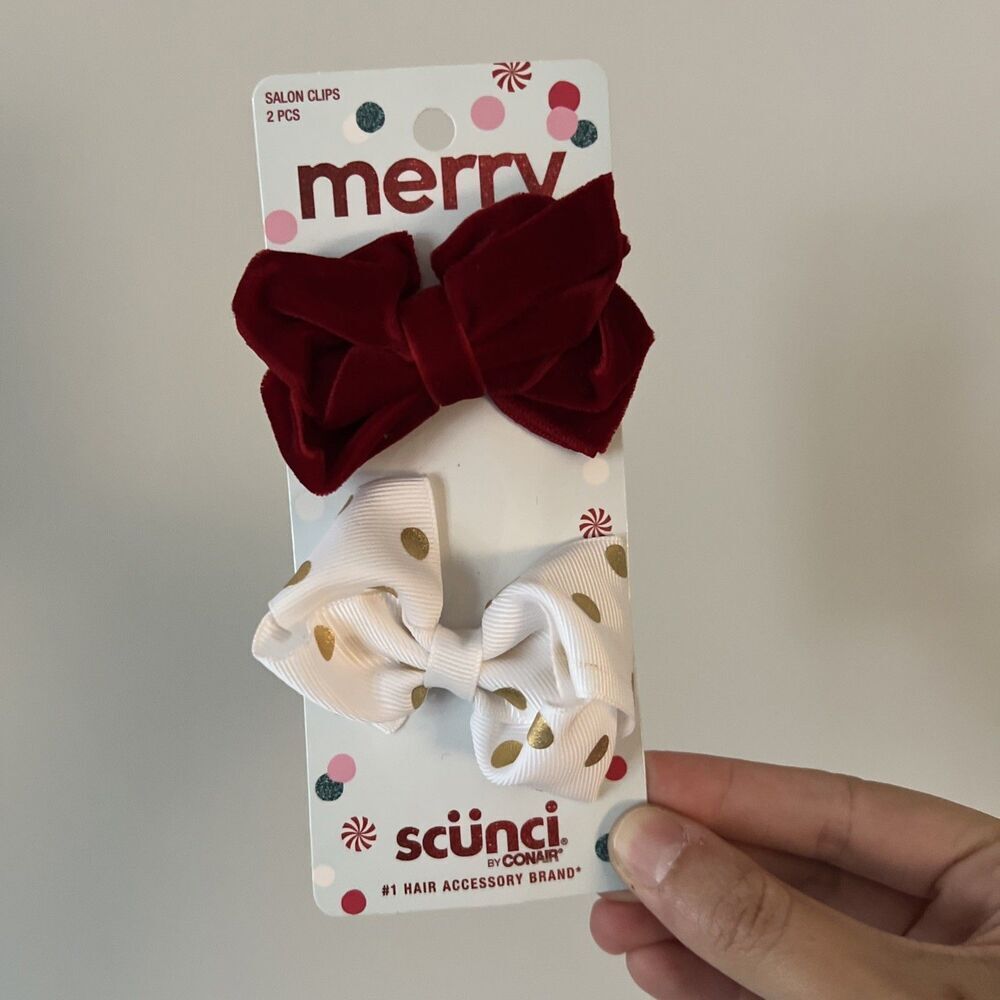 Scunci By Conair Salon Clips‎ 2 Pack Christmas Red Velvet White Gold Polka Dots